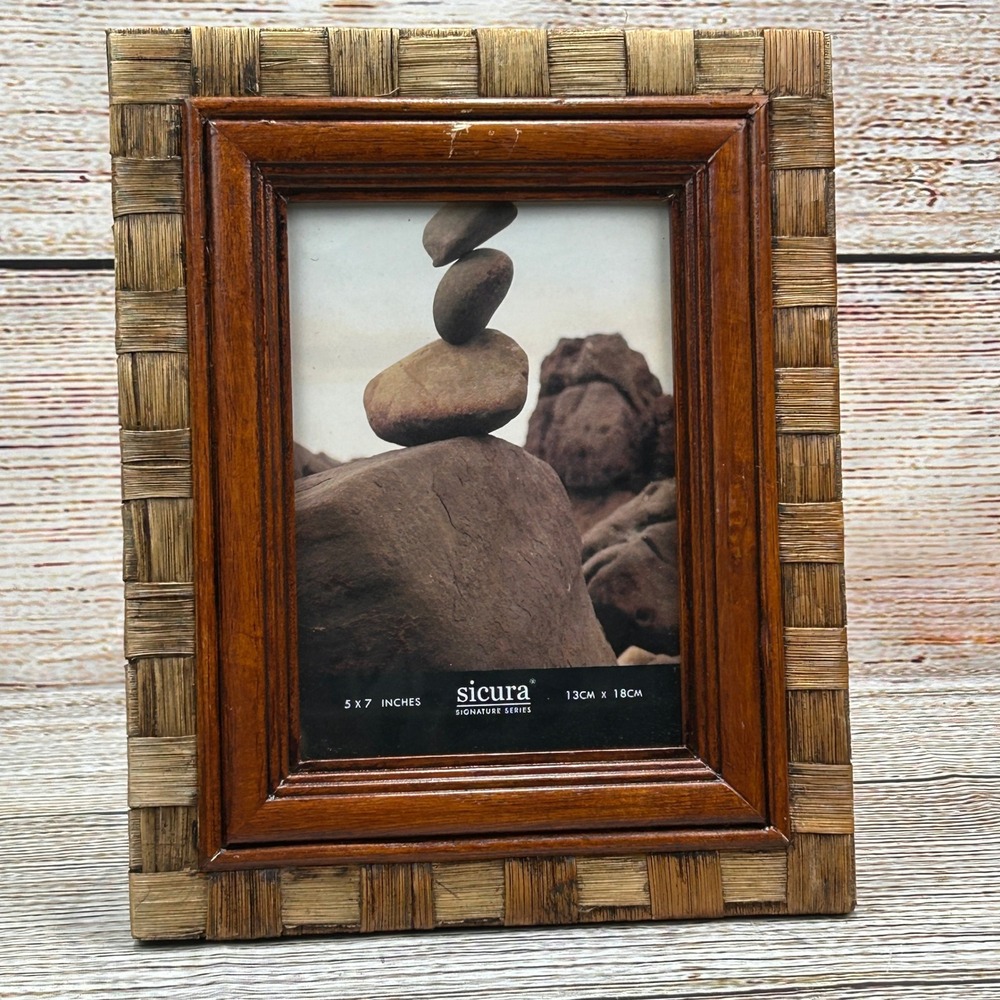 Sicura Signature Series 5x7 Woven Raffia and Wood Picture Frame Brown Boho Decor